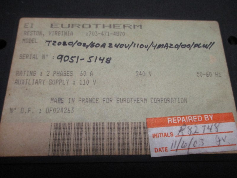 EUROTHERM T2020/02/60A240V/110V/4MA20/00/PLUII UNMP