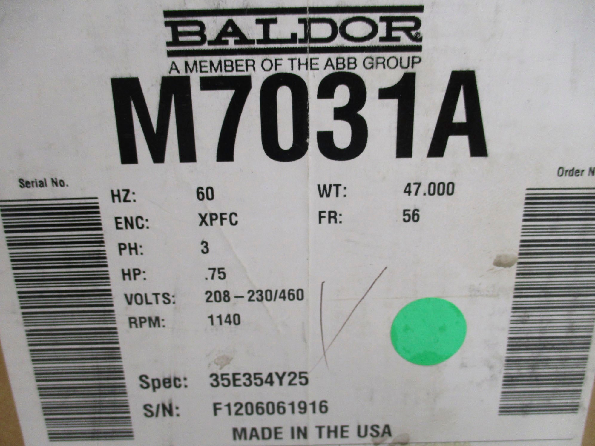BALDOR M7031A 35E354Y25 208-230/460V 3-2.8/1.4A NSMP
