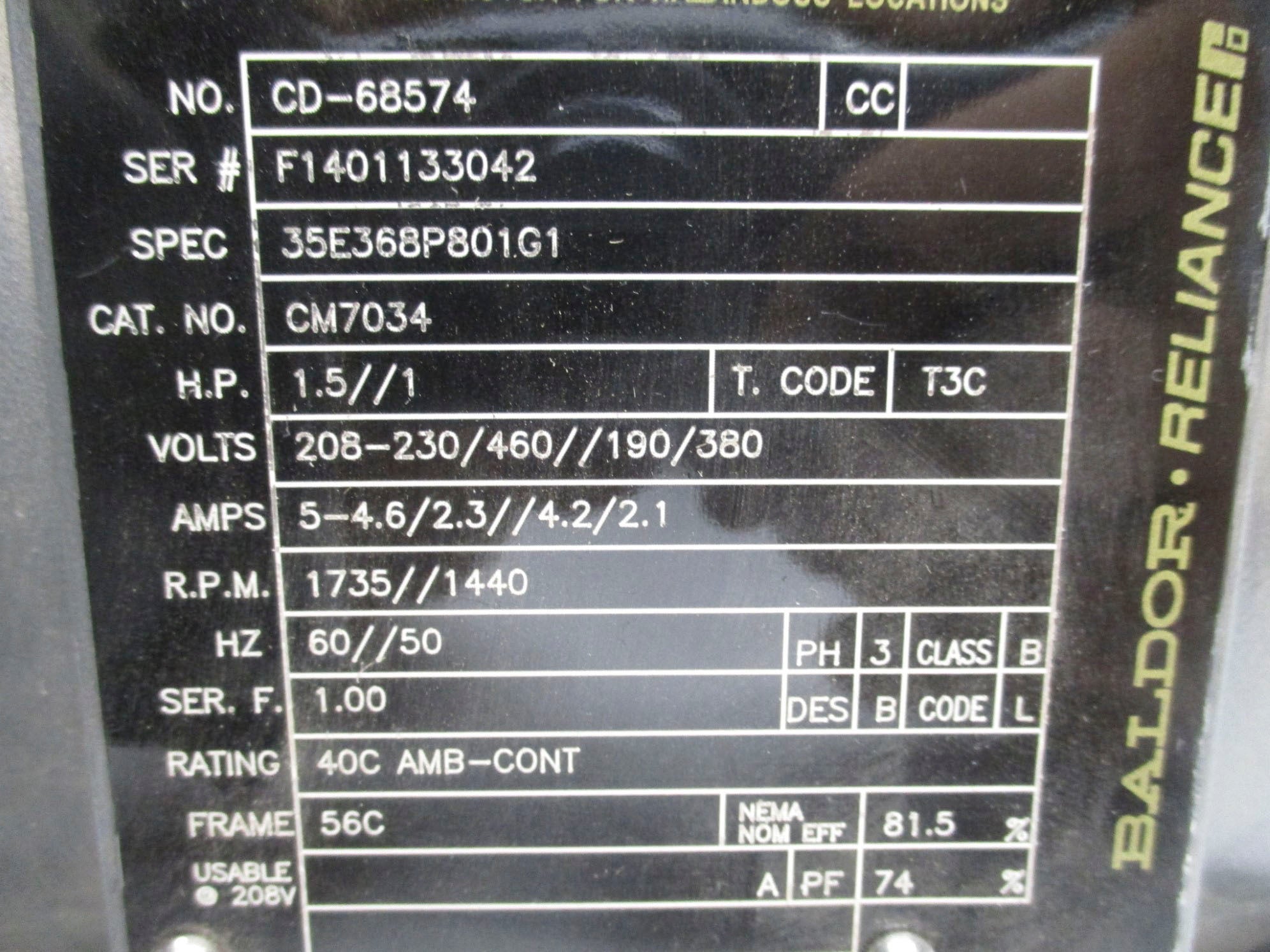 BALDOR CM7034 35E368P801G1 460V 4.6A NSMP