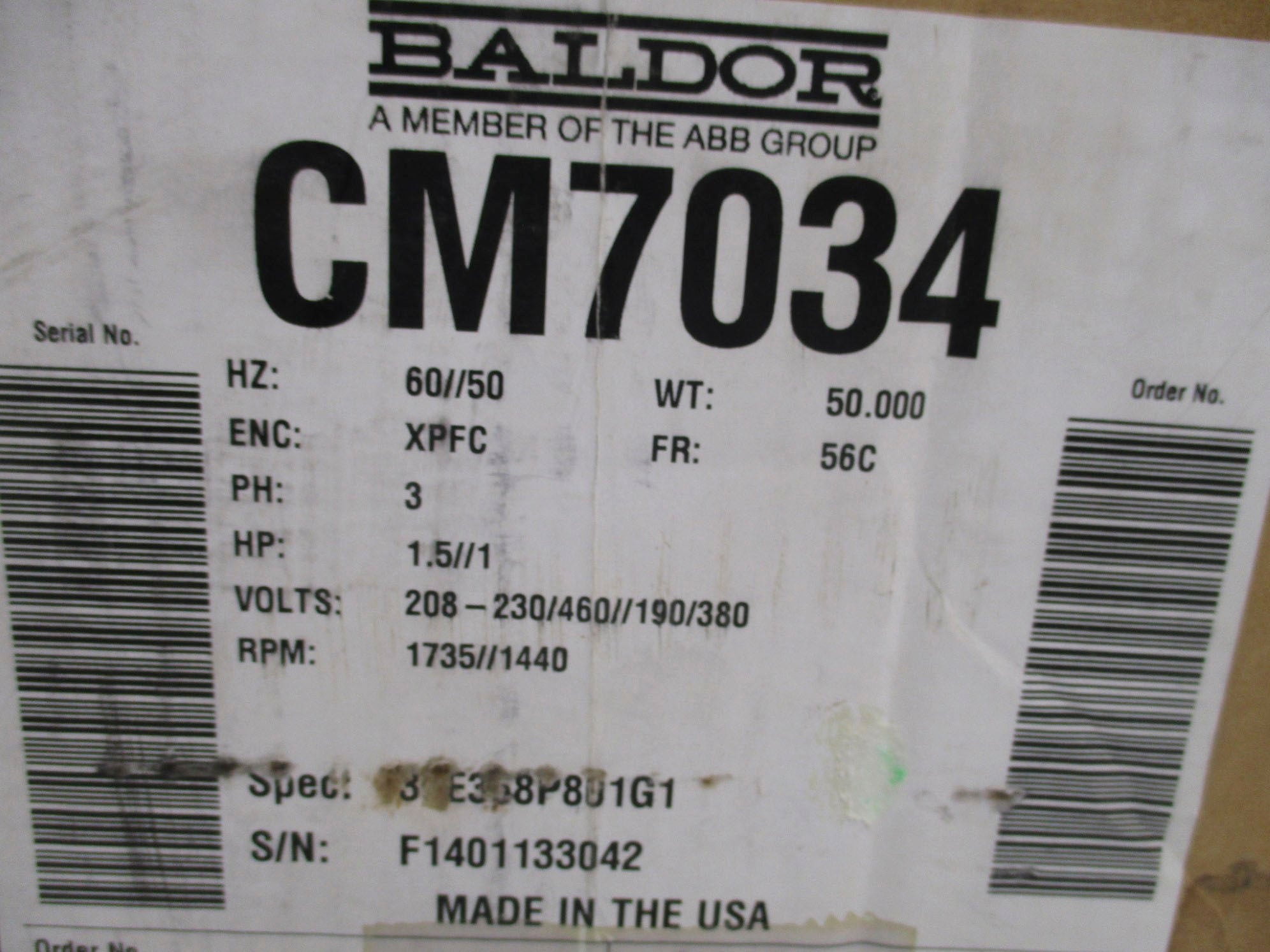BALDOR CM7034 35E368P801G1 460V 4.6A NSMP
