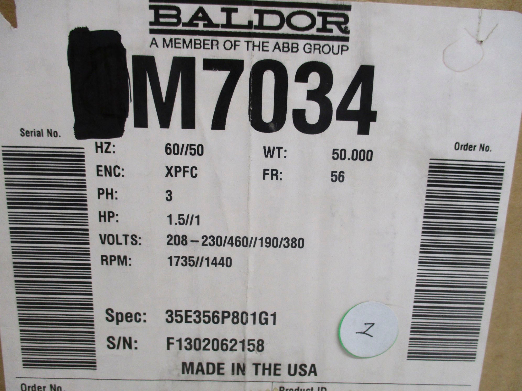BALDOR M7034 35E356P801G1 460V 2.3A NSMP
