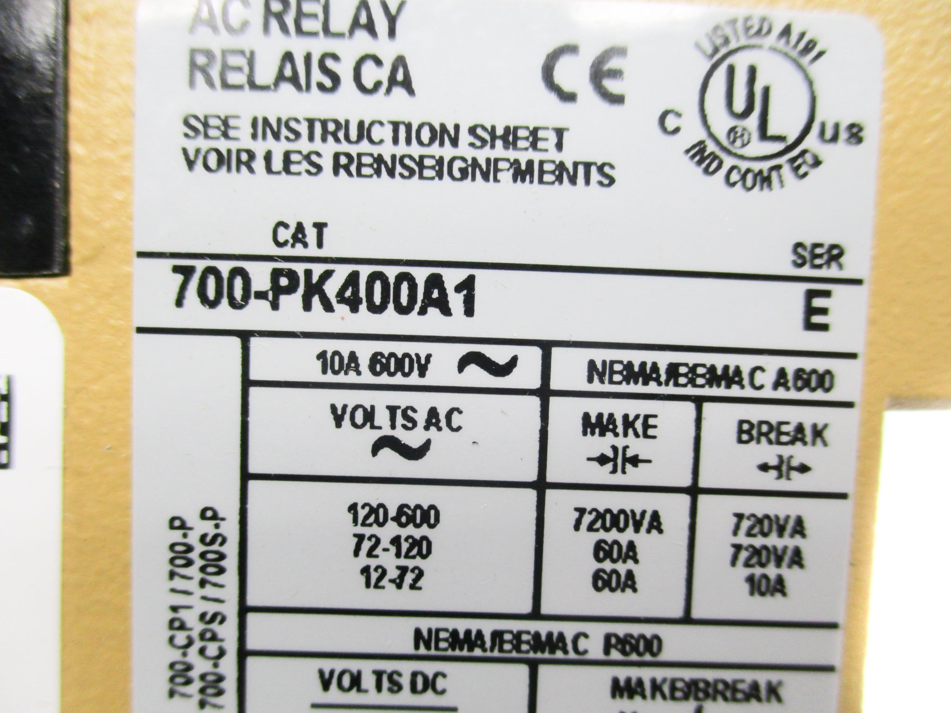 ALLEN BRADLEY 700-PK400A1 SER. E 115-120V 20A (WH) NSMP