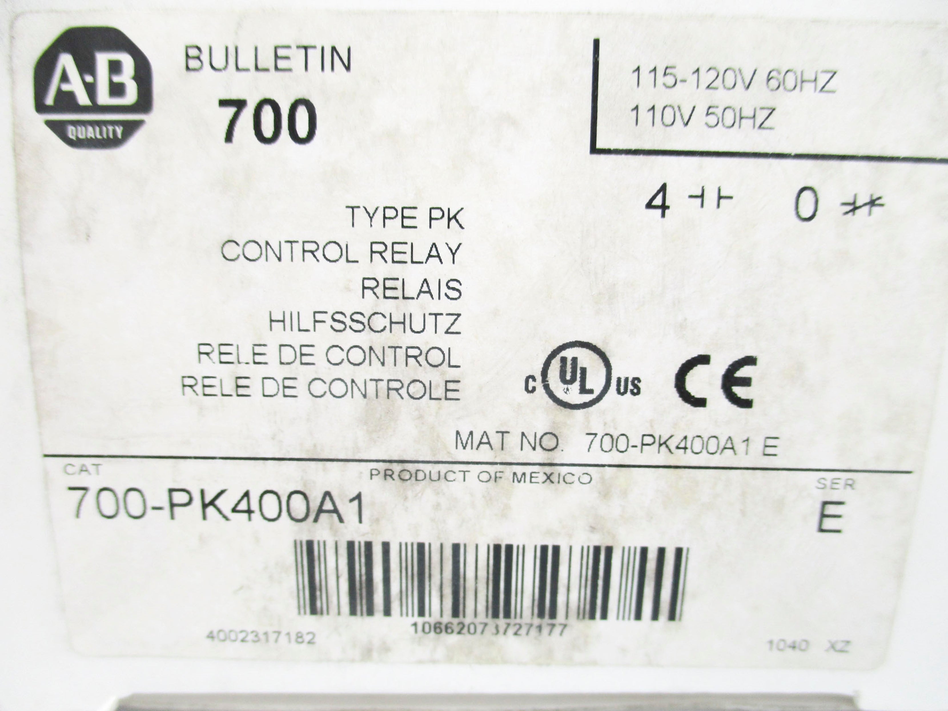ALLEN BRADLEY 700-PK400A1 SER. E 115-120V 20A (WH) NSMP