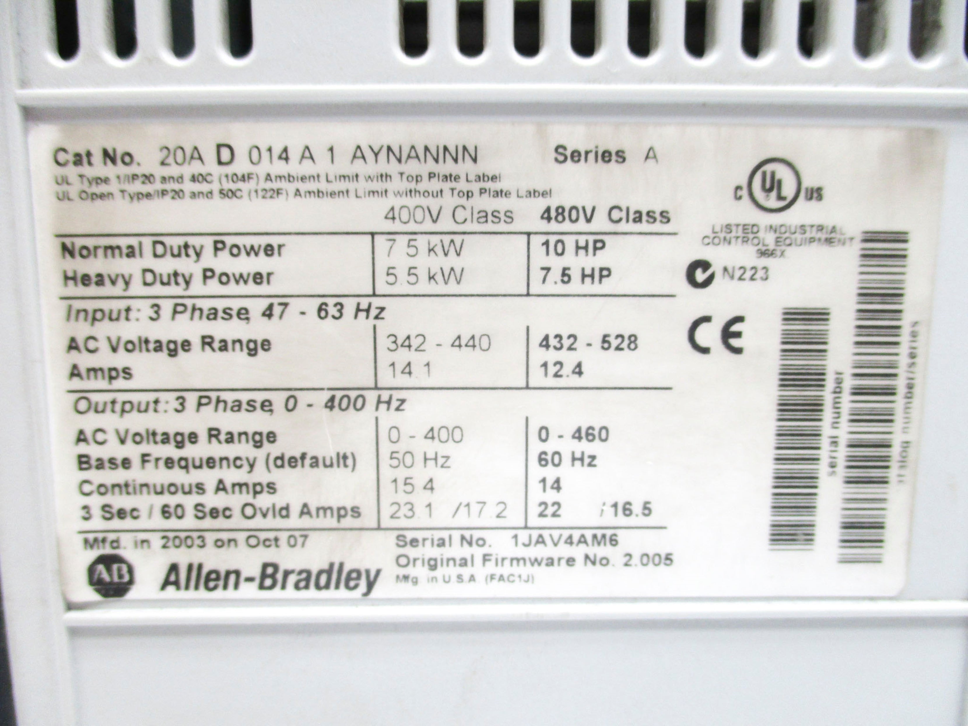 INDUSTRIAL SPARE PART 20AD014A1AYNANNN SER. A F/W 2.005 UNMP