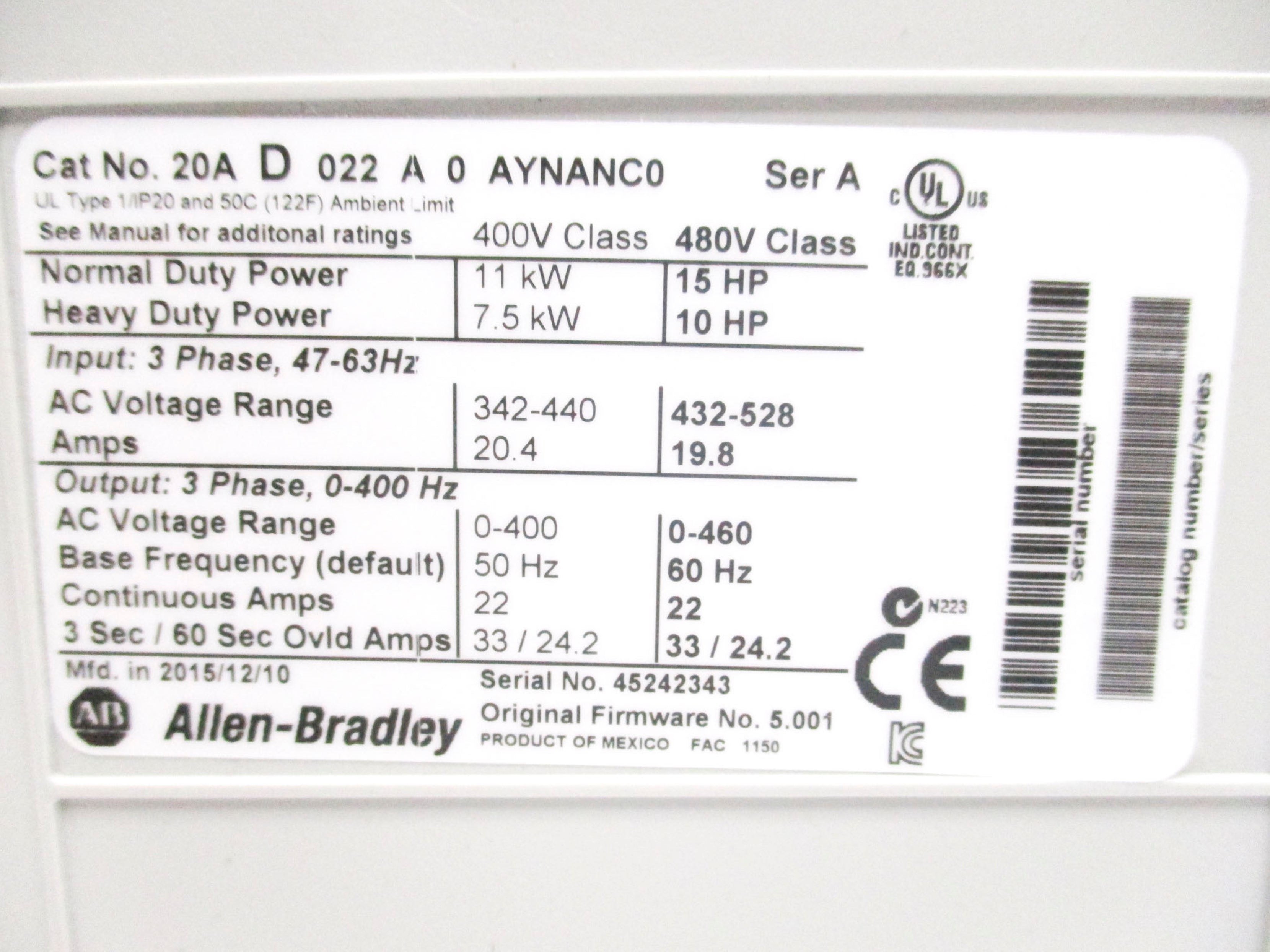 ALLEN BRADLEY 20AD022A0AYNANC0 SER. A F/W 5.001 480VAC 22A NSMP