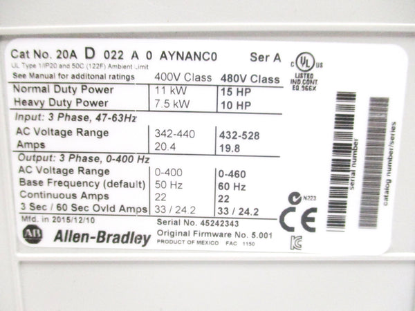ALLEN BRADLEY 20AD022A0AYNANC0 SER. A F/W 5.001 480VAC 22A NSMP