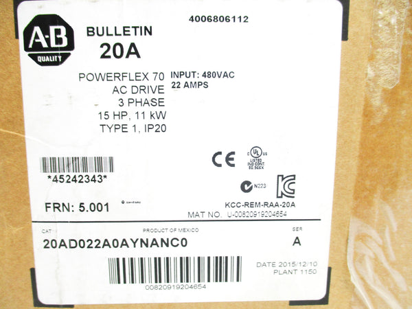 ALLEN BRADLEY 20AD022A0AYNANC0 SER. A F/W 5.001 480VAC 22A NSMP