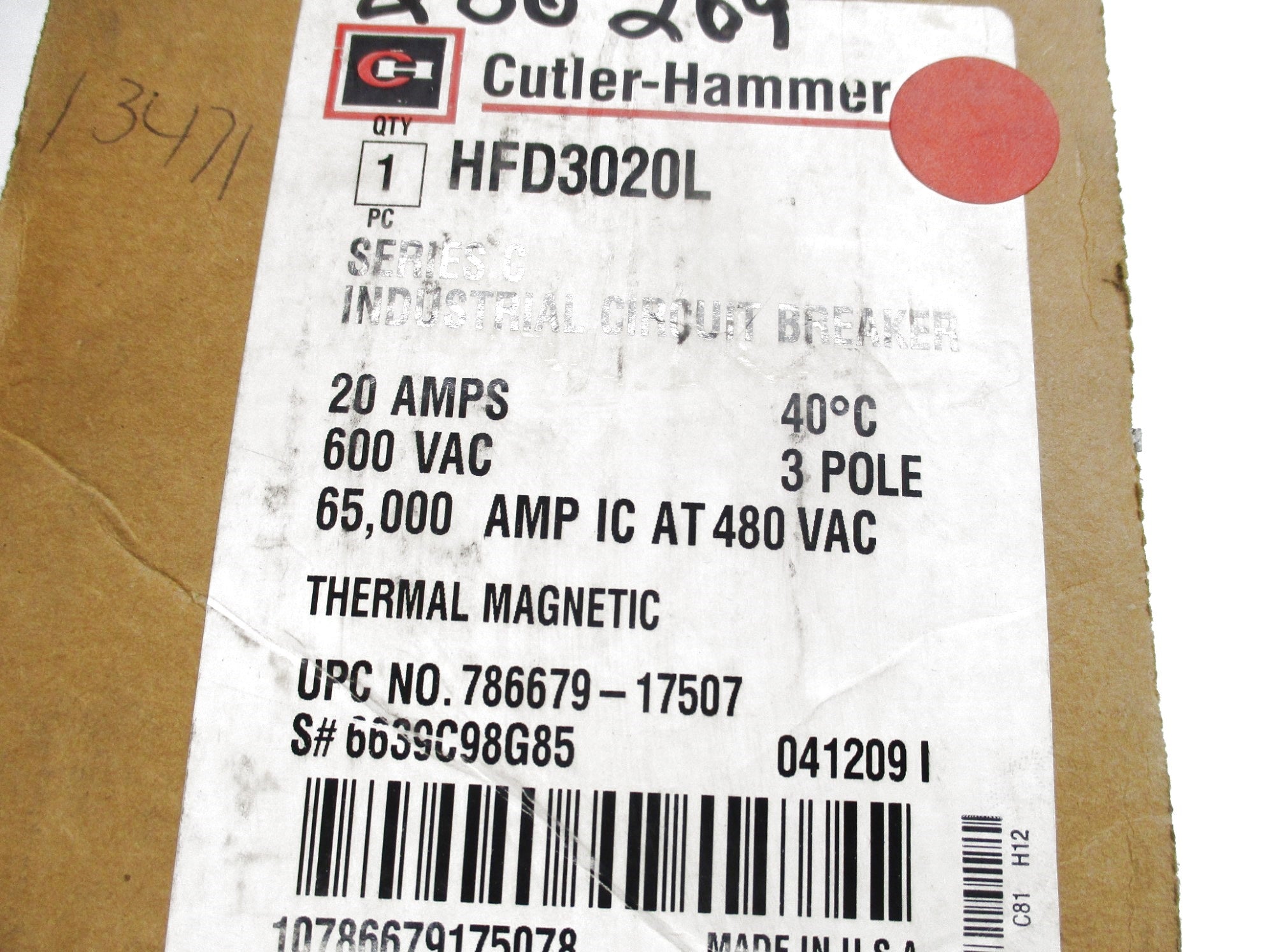 CUTLER HAMMER HFD3020L 6639C98G85 SER. C 600VAC 20A NSMP