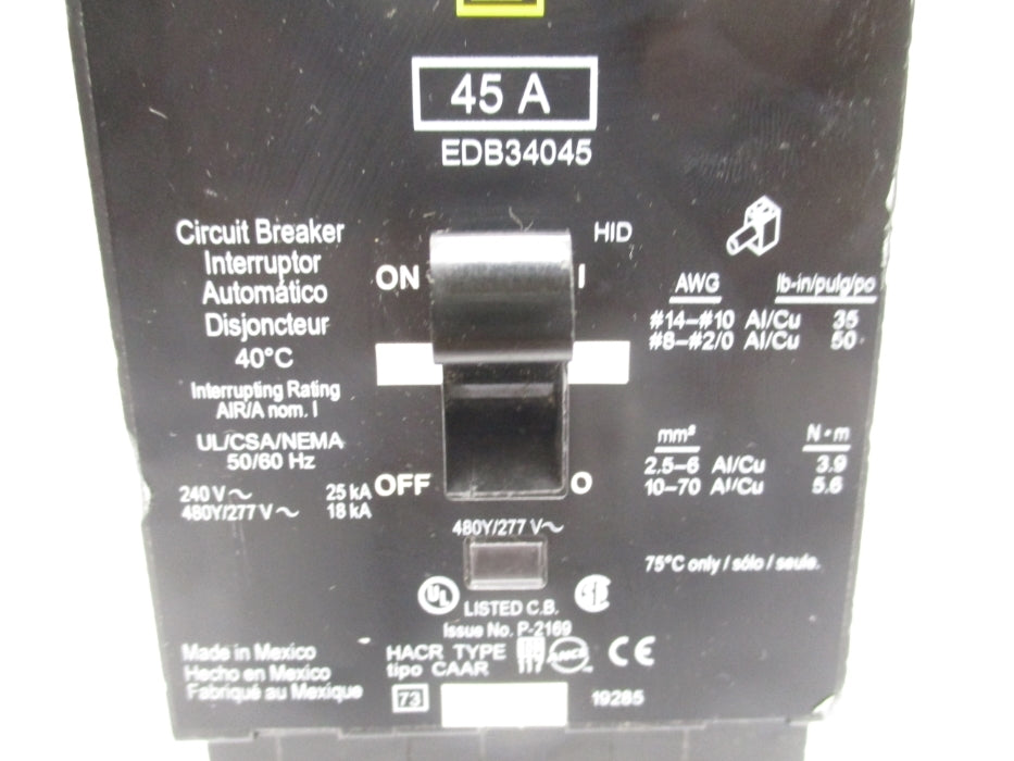 SQUARE D EDB34045 277V 45A UNMP
