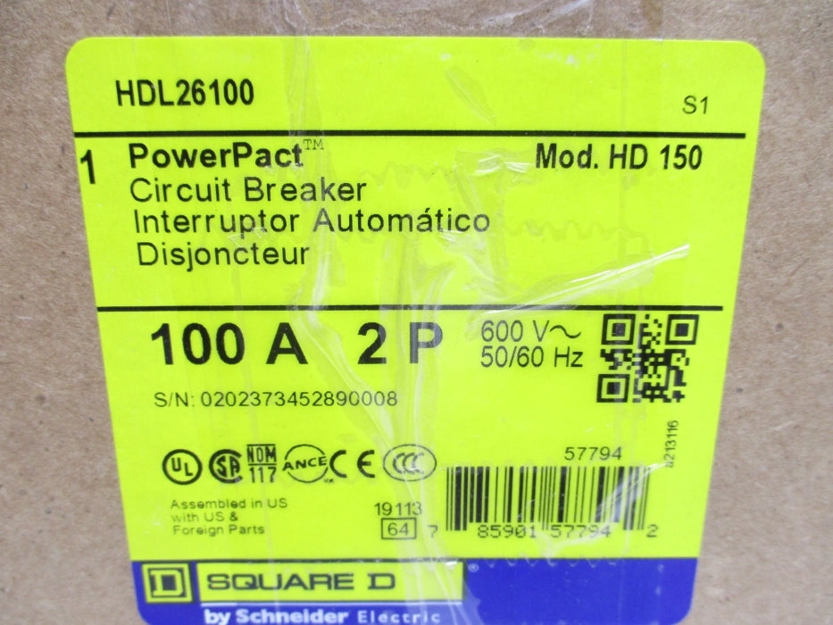 SQUARE D HDL26100 600V 100A NSMP