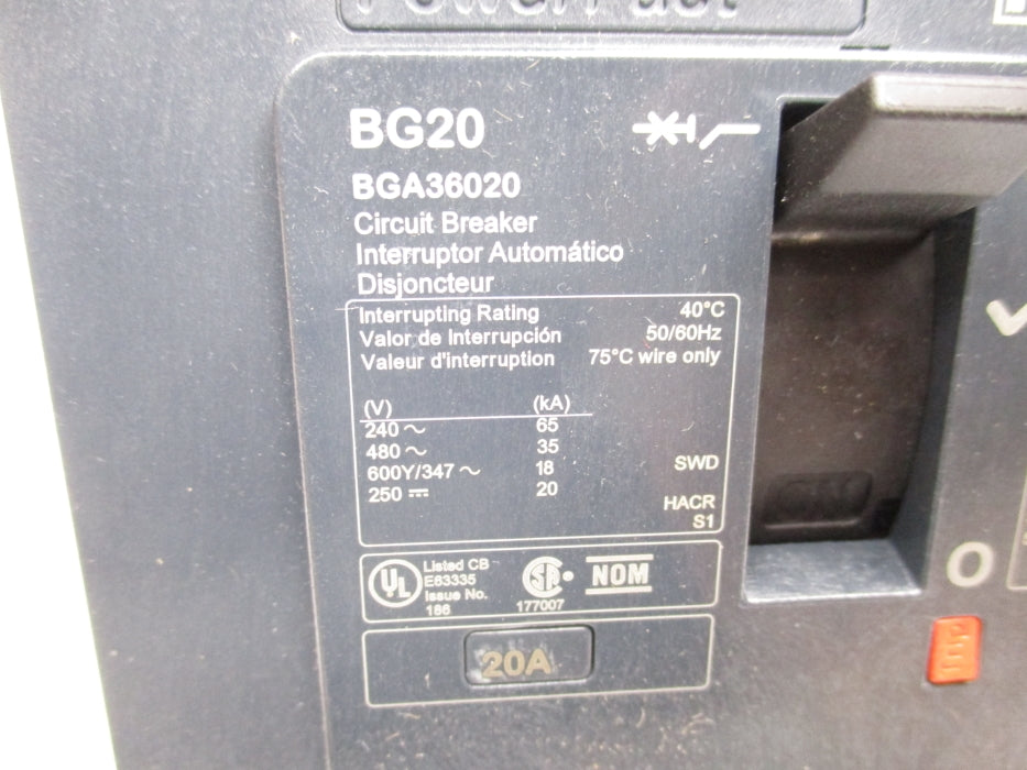 SQUARE D BGA36020 20A 480V (AS PICTURED) NSMP