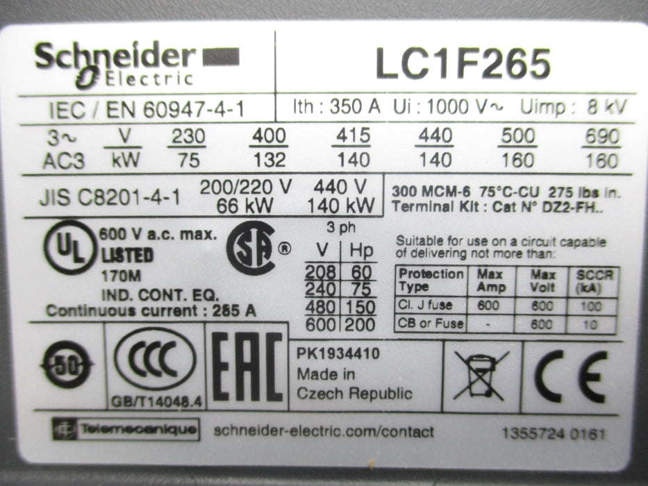 SCHNEIDER ELECTRIC LC1F265 600VAC 350A NSMP