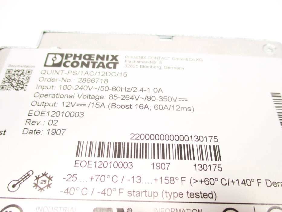 PHOENIX CONTACT QUINT-PS/1AC/12DC/15 2866718 100-240V 2.4-1.0A NSMP