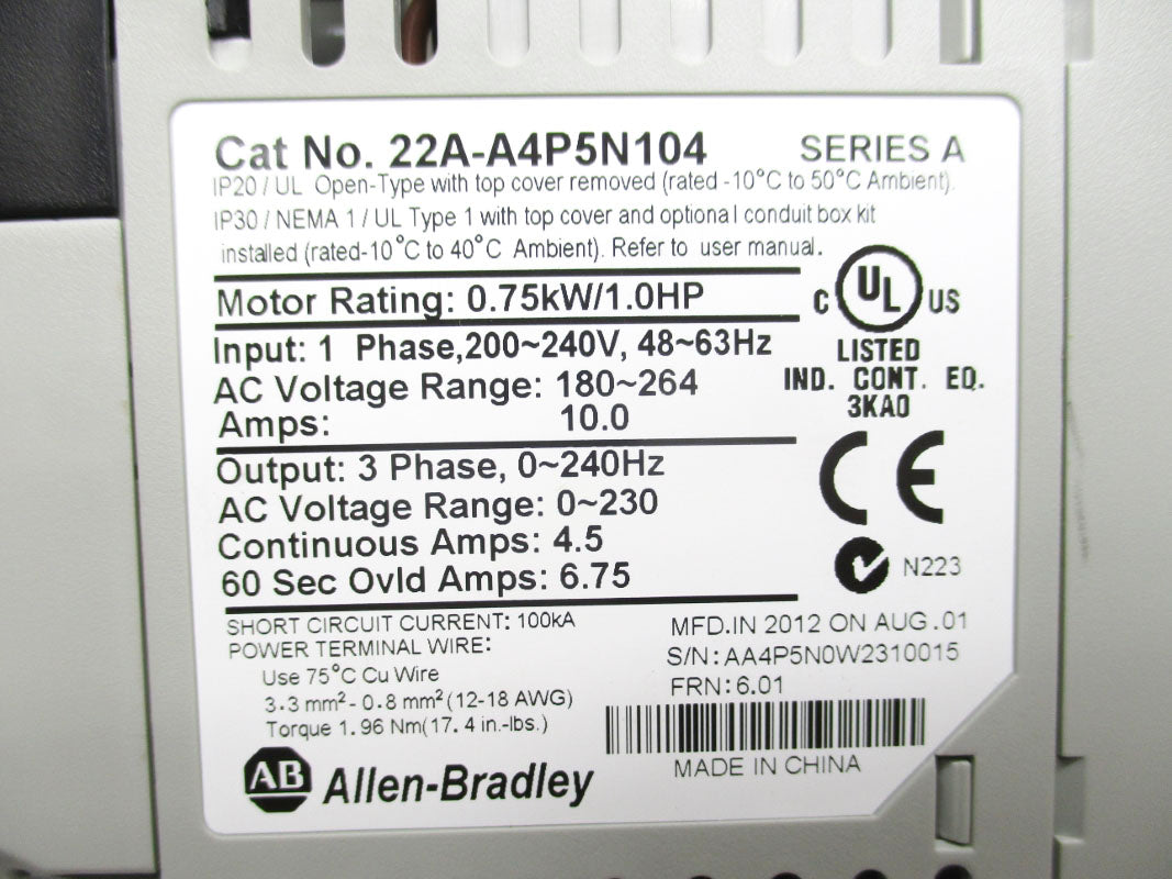 INDUSTRIAL SPARE PART 22A-A4P5N104 SER. A F/W 6.01 180-264V 10A NSMP