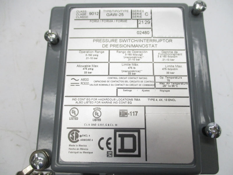 SQUARE D 9012GAW25 SER. C 3-150PSI NSMP