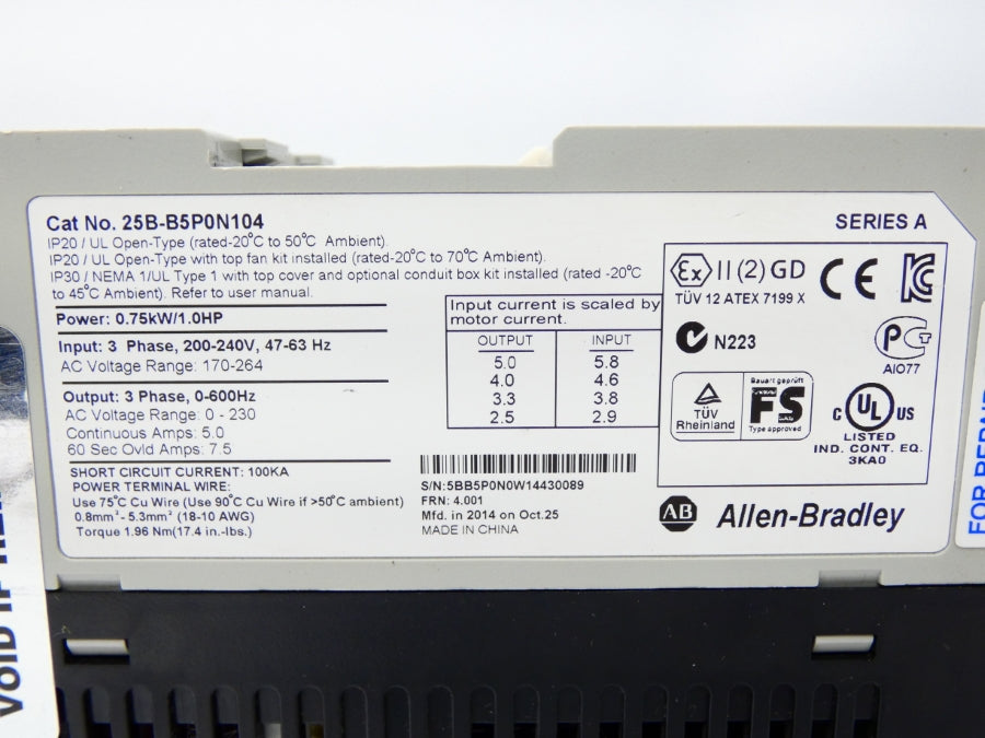 ALLEN BRADLEY 25B-B5P0N104 SER. A F/W 4.001 170-264V 5A NSNP