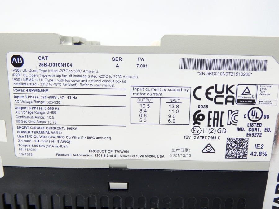 ALLEN BRADLEY 25B-D010N104 SER. A F/W 7.001 323-528V 10.5A NSNP