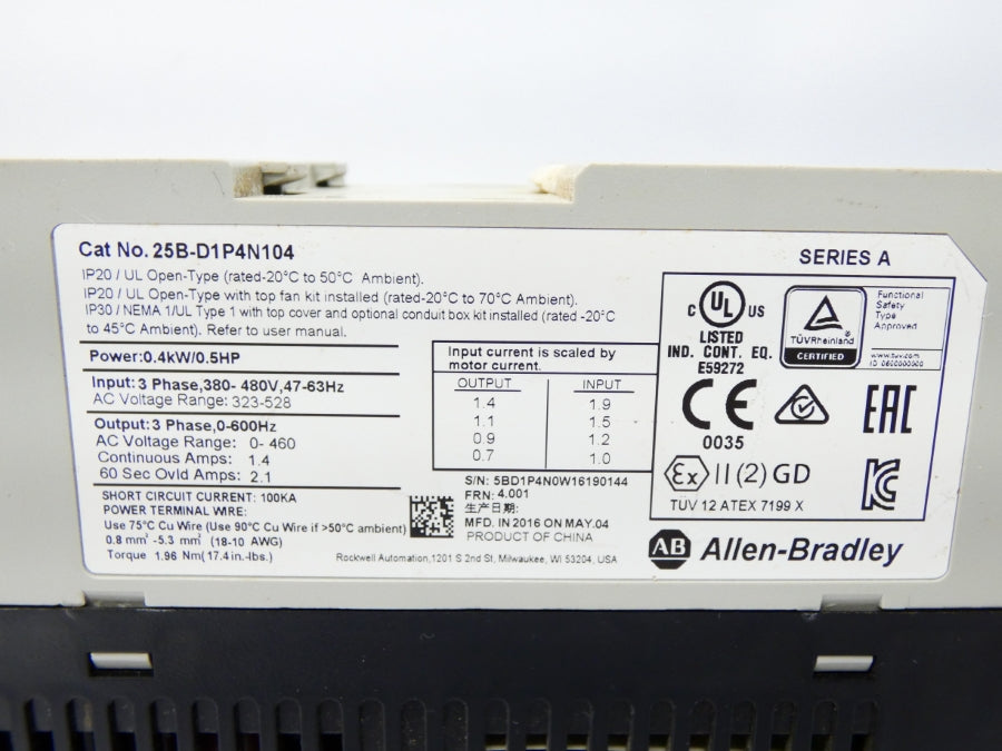 ALLEN BRADLEY 25B-D1P4N104 SER. A F/W 4.001 323-528V 1.4A UNMP