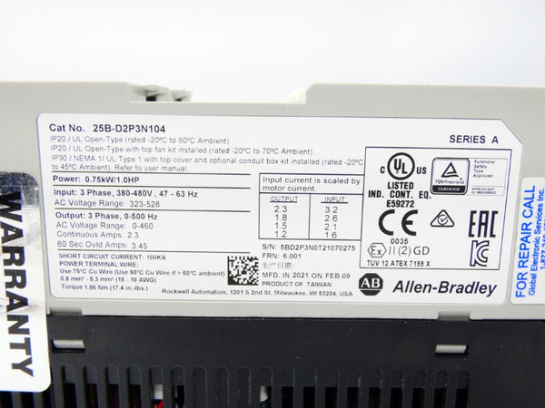 INDUSTRIAL SPARE PART 25B-D2P3N104 SER. A F/W 6.001 323-528V 2.3A UNMP