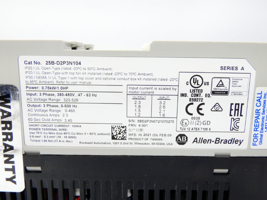 ALLEN BRADLEY 25B-D2P3N104 SER. A F/W 6.001 323-528V 2.3A UNMP