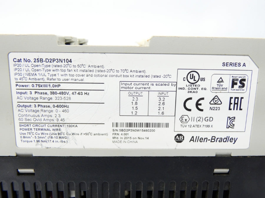 ALLEN BRADLEY 25B-D2P3N104 SER. A F/W 4.001 323-528V 2.3A (AS IS) UNMP