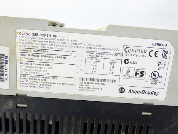 INDUSTRIAL SPARE PART 25B-D2P3N104 SER. A F/W 3.001 323-528V 2.3A (AS IS) UNMP