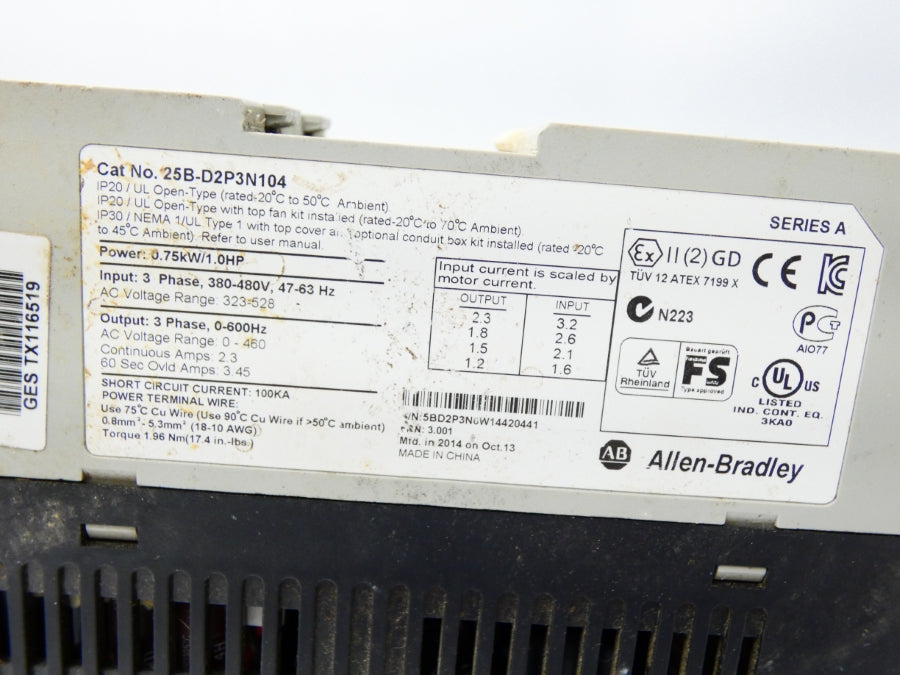 ALLEN BRADLEY 25B-D2P3N104 SER. A F/W 3.001 323-528V 2.3A (AS IS) UNMP