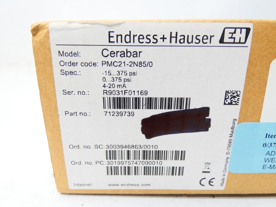 ENDRESS + HAUSER PMC21-CA1V1RFVXJA PMC21-2N85/0 10-30VDC -15-375PSI NSMP