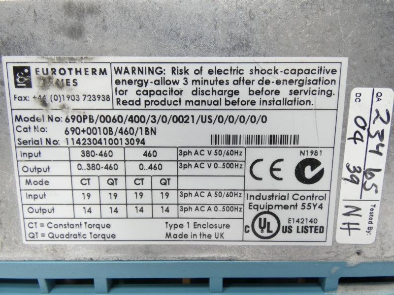 EUROTHERMS DRIVES 690PB/0060/400/3/0/0021/US/0/0/0/0/0 460V UNMP