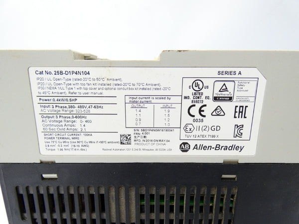 ALLEN BRADLEY 25B-D1P4N104 SER. A F/W 4.001 323-528V 1.4A UNMP