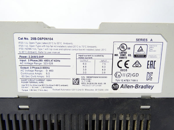 INDUSTRIAL SPARE PART 25B-D6P0N104 SER. A F/W 5.001 323-528V 6A UNMP