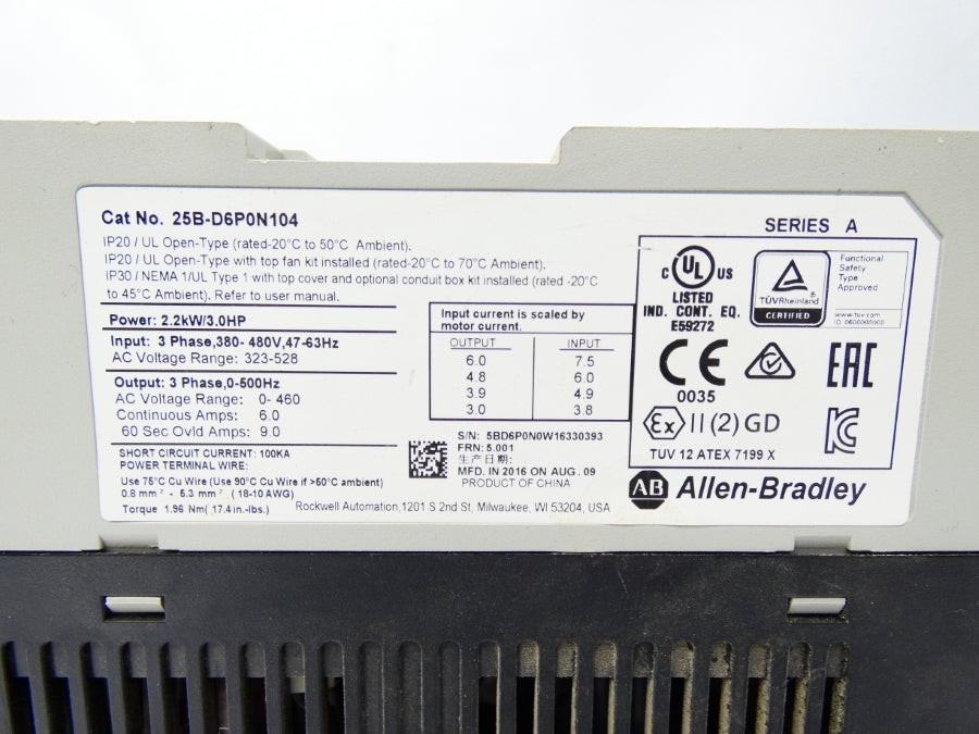 ALLEN BRADLEY 25B-D6P0N104 SER. A F/W 5.001 323-528V 6A UNMP