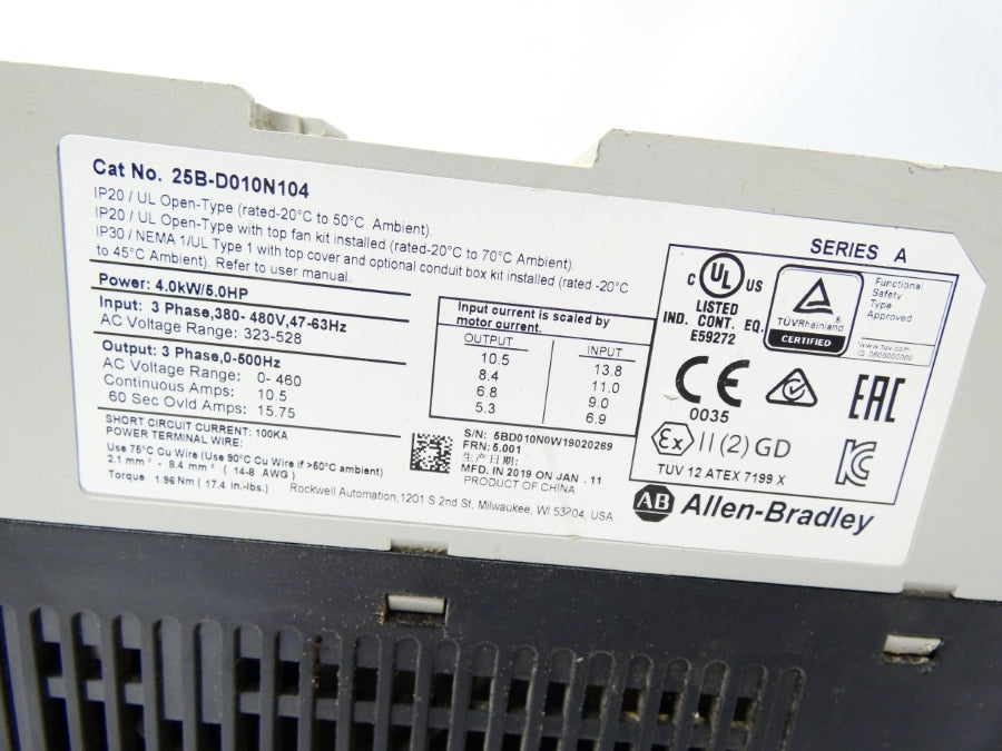 ALLEN BRADLEY 25B-D010N104 SER. A F/W 5.001 323-528V 10.5A (AS IS) UNMP