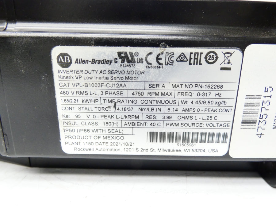 ALLEN BRADLEY VPL-B1003F-CJ12AA SER. A 480V 6.14A NSNP