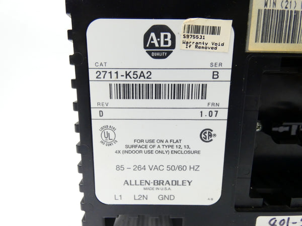 ALLEN BRADLEY 2711-K5A2 SER. B REV. D F/W 1.07 85-264VAC (AS IS) UNMP