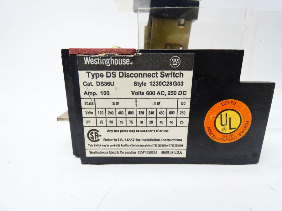 WESTINGHOUSE DS36U 1230C28G03 600VAC 100A UNMP