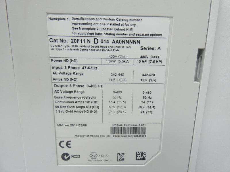 ALLEN BRADLEY 20F11ND014AA0NNNNN SER. A F/W 9.001 432-528V 12.5A NSNP