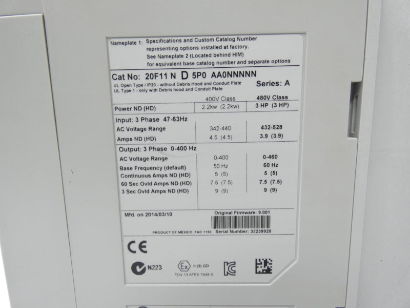 ALLEN BRADLEY 20F11ND5P0AA0NNNNN SER. A F/W 9.001 432-528V 3.9A NSNP