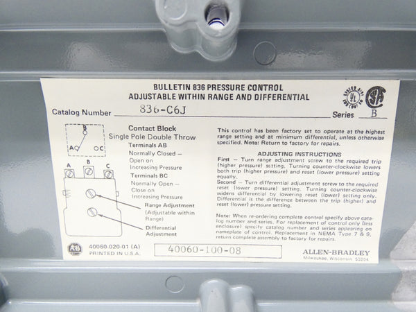 ALLEN BRADLEY 836-C6J SER. B 30VAC 100PSI (AS PICTURED) NSNP