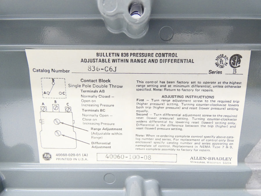 ALLEN BRADLEY 836-C6J SER. B 30VAC 100PSI (AS PICTURED) NSNP