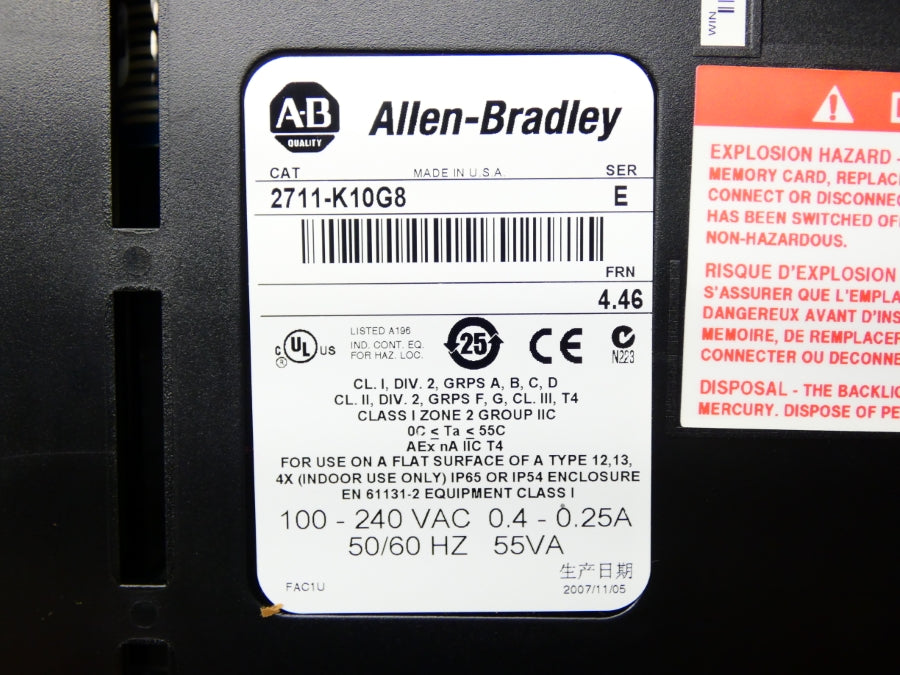 ALLEN BRADLEY 2711-K10G8 SER. E F/W 4.46 100-240VAC 0.4-0.25A NSMP