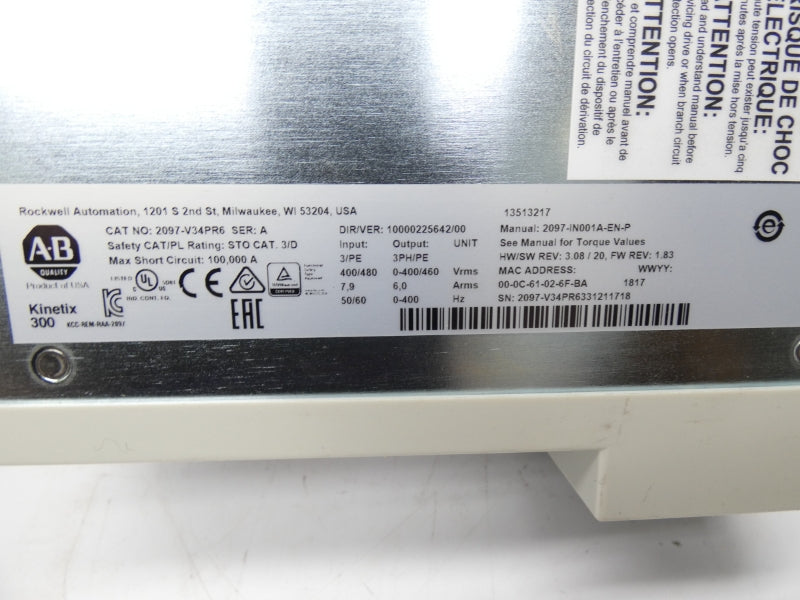 ALLEN BRADLEY 2097-V34PR6 SER. A F/W 1.83 400/480VAC 6.0A NSMP