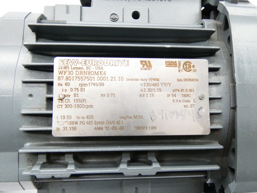 SEW EURODRIVE WF30DRN80MK4 87.8017557501.0001.21.10 230/460V 2.30/1.15A NSNP