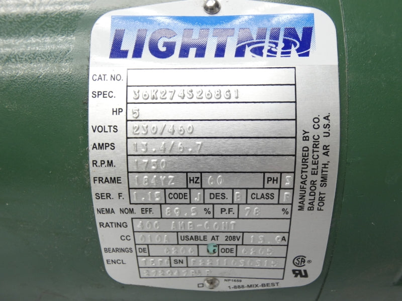 LIGHTNIN 36K274S268G1 SER. F.1.15 230/460V 13.4/6.7A NSNP