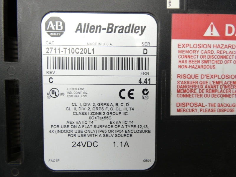 ALLEN BRADLEY 2711-T10C20L1 SER. D REV. C F/W 4.41 24VDC  UNMP