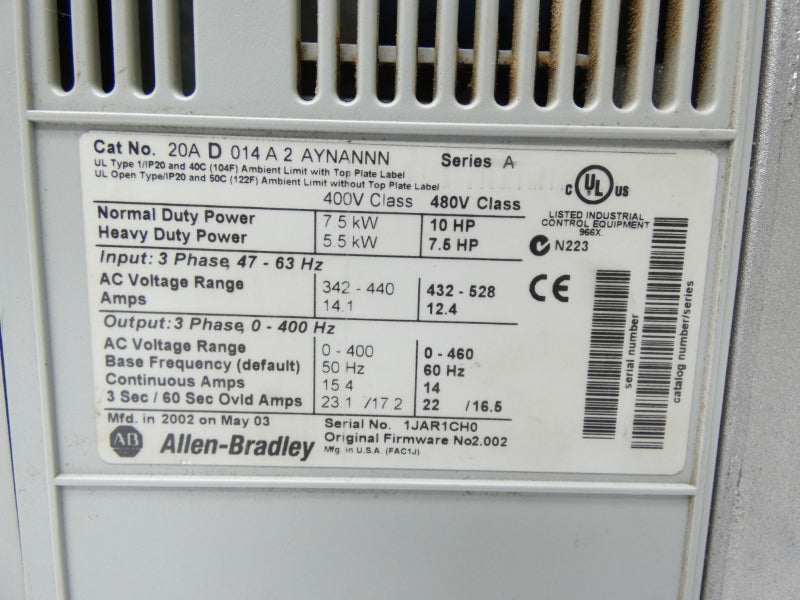 ALLEN BRADLEY 20AD014A2AYNANNN SER. A 432-528V 12.4A UNMP
