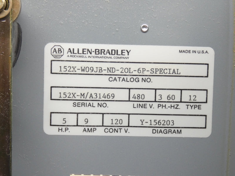 ALLEN BRADLEY 152X-W09JB-ND-20L-6P-SPECIAL 480V 9A UNMP
