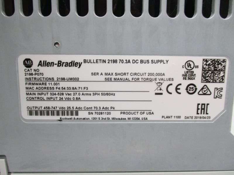 ALLEN BRADLEY 2198-P070 SER.A F/W 11.001 324-528VAC 70.3A NSMP