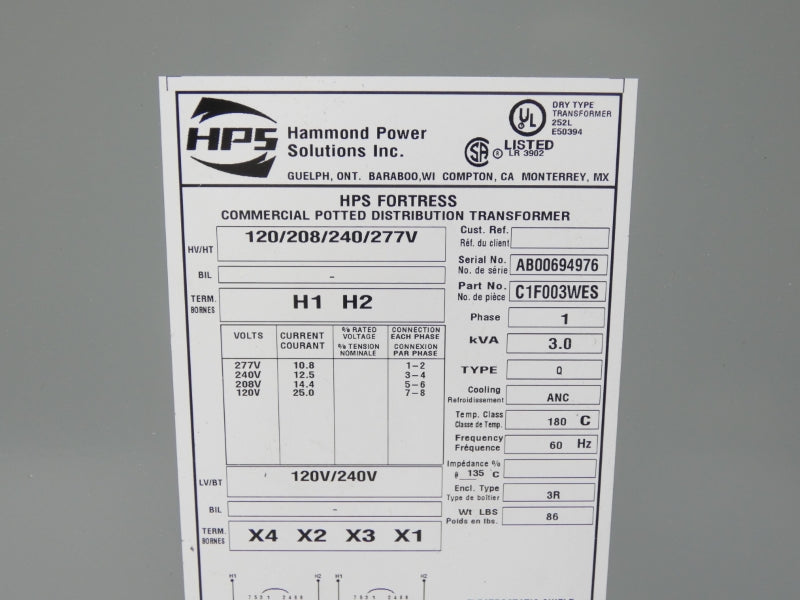 HAMMOND POWER SYSTEMS C1F003WES 277V NSNP