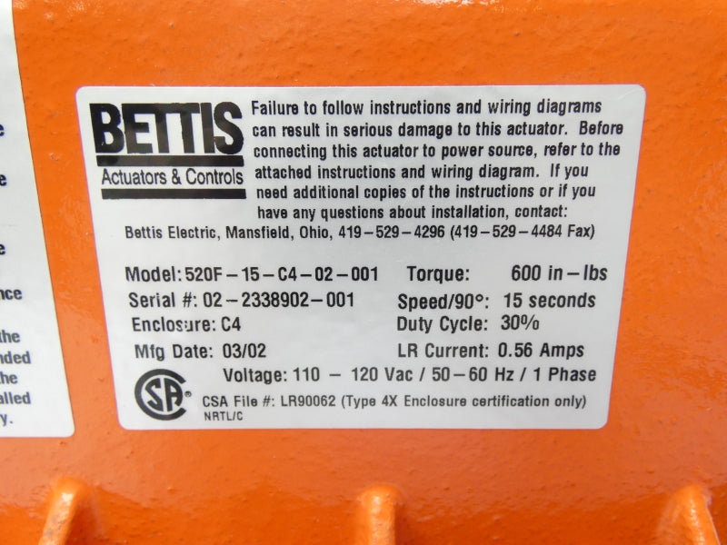 BETTIS 520F-15-C4-02-001 110-120VAC 0.56A UNMP
